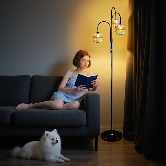 Lightdot 70IN Dimmable Floor Lamp for Living Room, 3 Light LED Tree Floor Lamps with Glass Globe Shade& Bulb Included, Mid Century Standing Tall Lamp for Bedroom/Sofa Beside/Corner Decor-Black