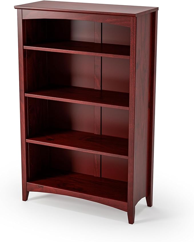 Camaflexi Shaker Style 4 Shelf Bookcase/Solid Wood / 48" High/Adjustable Shelving/Closed Back/Display Bookshelf for Living Room, Bedroom, Home and Office, Red Garnet Stain
