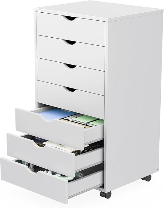 NEWBULIG 7 Drawers File Cabinet Under Desk Storage with Wheels Small Rolling Office Filing Cabinets Chest of Dawers for Home Office White