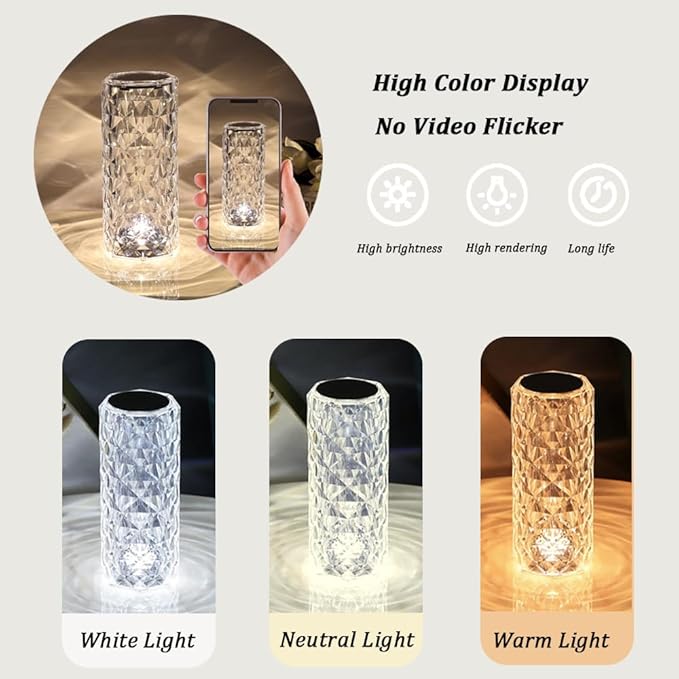 Portable Crystal Table Lamp,3 Color Touch Control Rechargeable Lamp,Crystal Bedside Lamp,Night Light,Room Decor Desk Lamp,Bedroom,Living Room,Kitchen,Dining Room Lamp (3-Color Rose)