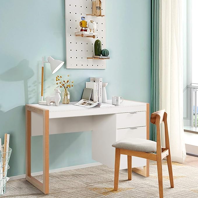 Tangkula Wooden Home Office Desk with Drawer & Cabinet, PC Laptop Workstation Study Writing Desk, Ideal for Bedroom Home Office (White & Natural)