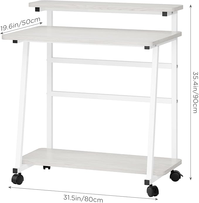 3 Tiers Rolling Computer Desk on Wheels, 80x50cm Small Computer Desk for Small Space, Work Office Desks with Monitor Stand, Student Writing Desks with Lockable Wheels (White)