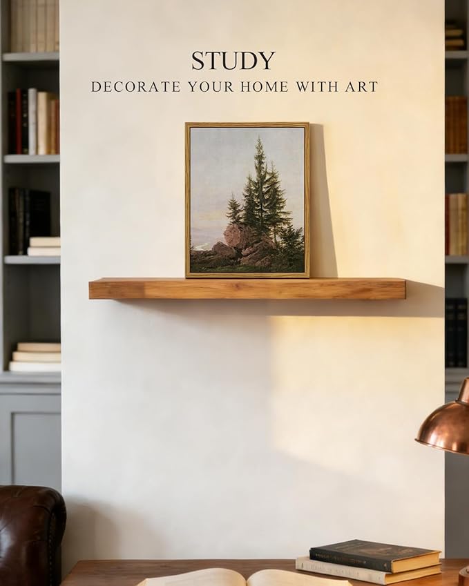 InSimSea Framed Canvas Print Art, Vintage Rocky Pine Forest Landscape Painting, Rustic Farmhouse Cottage Decor for Hallway Wall Floating Shelf Desk Vanity Fireplace,10x8in, Neutral Tones