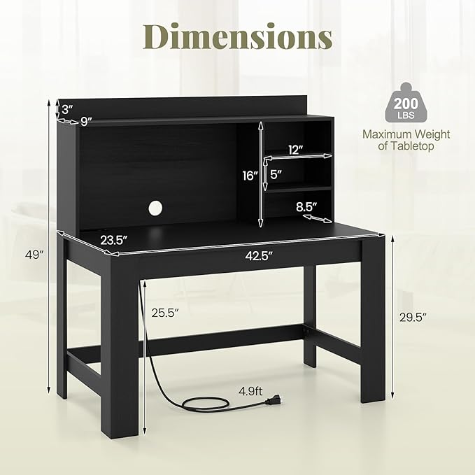 Giantex Computer Desk with Hutch, Modern Home Office Desk with Power Outlets, Storage Shelves & Cable Hole, Makeup Vanity Table, Study Writing Desk for Bedroom Office Small Space (Black)
