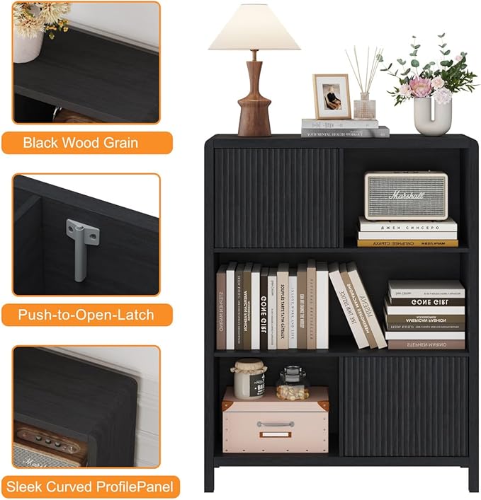 FATORRI Small Bookshelf with Storage, Wooden Cube Bookcase with Doors, Cube Storage Organizer for Home Office, Bedrooom, Living Room (Black)