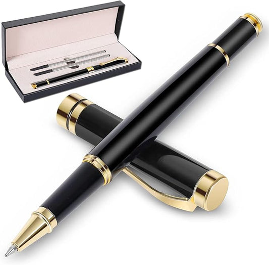 Deluxe Ballpoint Pen Kit,Office Business Signing Ballpoint Pen with Two Replacement Black Refills, 0.5mm Nib, Black Classic Gift Box, Creative Writing Gift for Men and Women (Gold B)