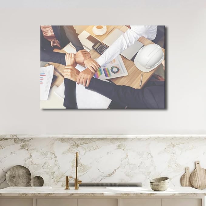 Large Wall Art Team Hands Holding Pictures Modern Motivational Inspirational Success Teamwork Posters Canvas Art Wall Decor for Office Framed 1 Panel (24" Wx36 H)