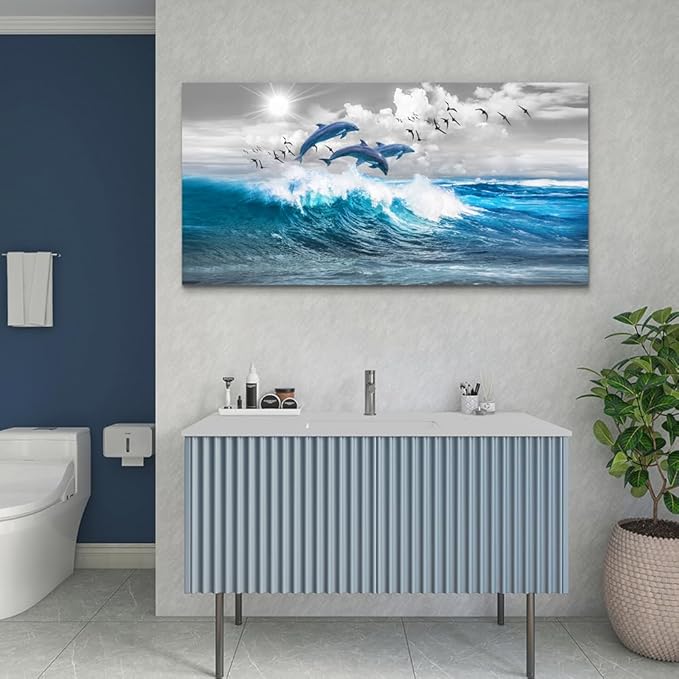 Wapluam Large Size Canvas Art - Blue Waves Of The Sea Wall Art For Living Room & Bedroom - Modern Office Decoration