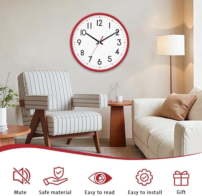 HZDHCLH Wall Clock Red,Silent Wall Clocks Battery Operated 10 Inch Modern Non Ticking Analog Clock Decorative for Kitchen Bedroom Living Room Office Classroom