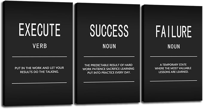 Motivational Wall Art Black Office Execute Verb Picture Inspiration Canvas Wall Decor Success Failure Noun Posters Prints Wall Paintings Artwork Home School Framed Ready to Hang [72" W X 36" H]