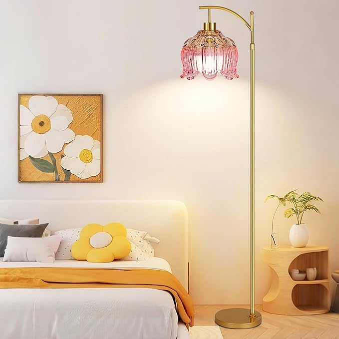 Pink Floor Lamp for Living Room,Bedroom,Gold Dimmable Standing Lamp with Remote,Mid Century Modern Brass Tall Lamp Boho Floor Lamps Arc Stained Glass Flower Floor Light Lamp Girls kids Bohemian
