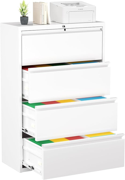 Greenvelly 4 Drawer File Cabinet, Lateral Filing Cabinet for Home Office, White Metal File Cabinet with Lock, Lockable Lateral File Cabinet with Hanging Files&Key for Letter/Legal/F4/A4 (36" W)