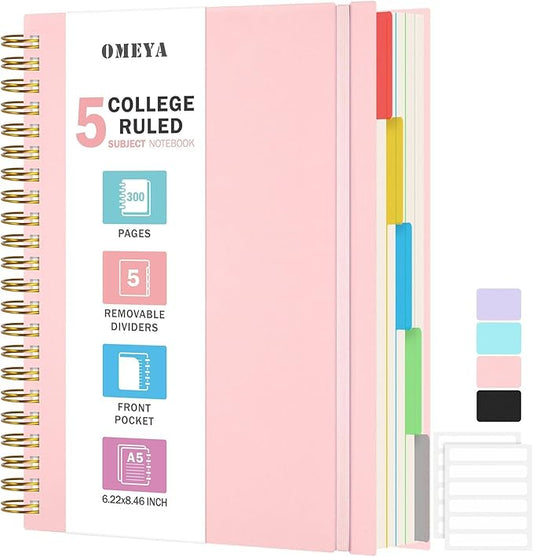 5 Subject Notebooks College Ruled, Spiral Lined Notebook with Removable Dividers, 300 Pages 100GSM Thick Spiral Writing Journal for Women & Men, Large A5 Notebooks for Work, School Supplies, 6" x 8"
