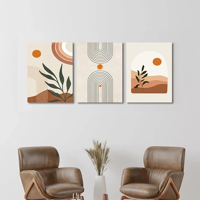 Boho Wall Art Set of 3, MidCentury Modern Wall Prints Framed Canvas Paintings Minimalist Abstract Geometric Beige Orange Moon Plant Desert Nature Illustrations Artwork, Boho Wall Decor Ready To Hang