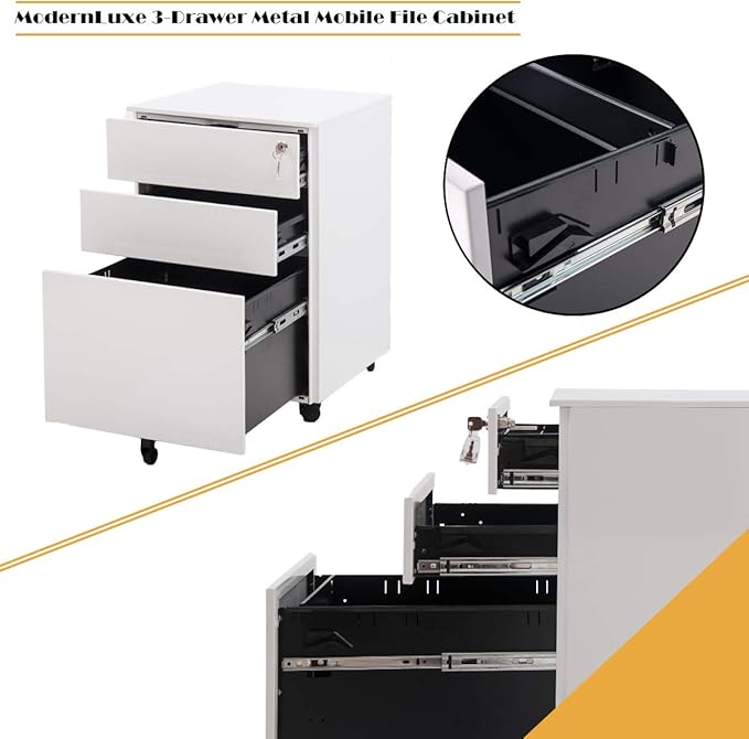 ModernLuxe 3 Drawer Metal Mobile File Cabinet with Lock Metal Filing Cabinet for Legal/Letter/A4/F4 Size Fully Assembled Home Office File Cabinet(Except Casters)