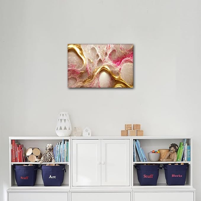 Modern Canvas Art Abstract Design Art Picture Printing Modern Living Room Home Wall Decor 1 Panel Gold and Pink Poster Prints for Girl Bedroom Wall Decor Stretched and Framed Ready to Hang 18x12 in