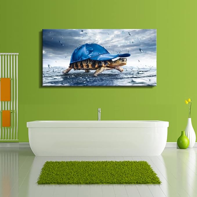 Haichuang Decor Art Funny Turtle Canvas Wall Art 40x20 Inches Framed Turtle with Blue Cap Wall Decor Wood Frame Waterproof HD Giclee Print Ready to Hang Humor Animal Artwork for Living Room Bedroom Bathroom