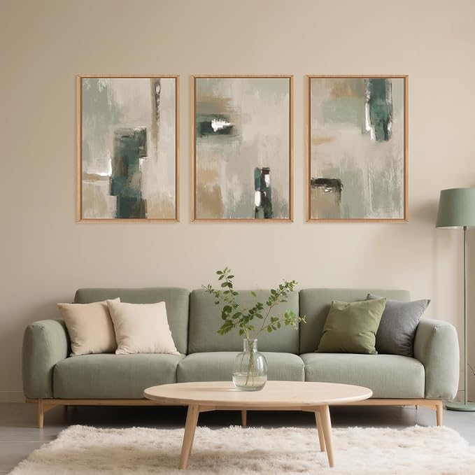Large Abstract Green Brown Framed Canvas Wall Art,Modern Brush Stoke Wall Decor,Neutral Beige Grey Painting,Rustic Minimalist Artwork for Living Room,Bedroom,Dining Room,Office -24"x36"x3