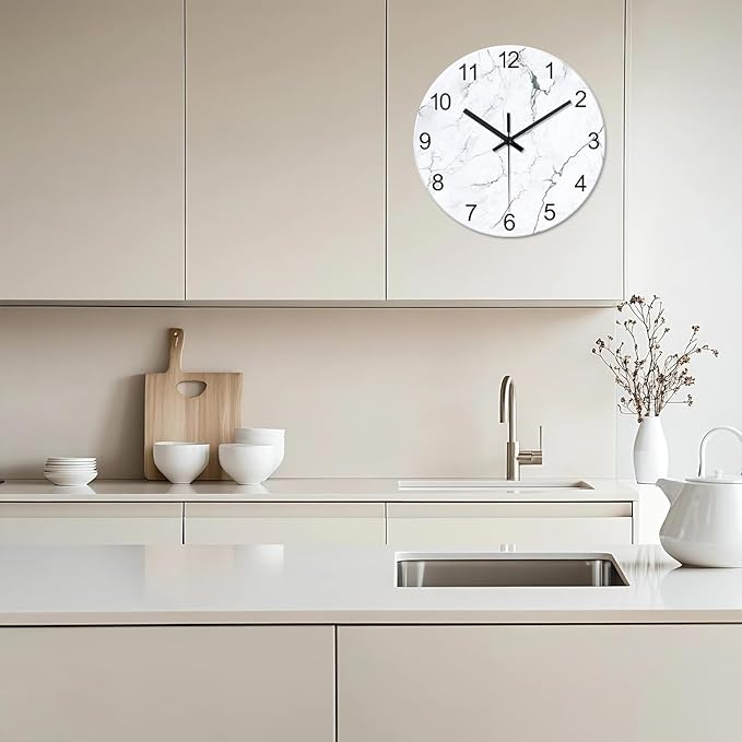 Modern White Marble Glass Wall Clocks Battery Operated 14 Inch Abstract Decorative Wall Clocks Round Minimalist Silent Wall Clock for Living Room