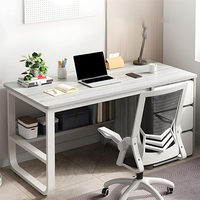 NIUYAO Small Computer Desk with 3-Tier Drawers Modern Writing Table Storage Shelves Work Desk PC Table Home Office Corner Study Desk Without Chair (Grey, 55" L x 19.5" W x 29" H)
