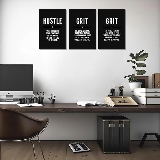 Yatsen Bridge Hustle Grind Execute Canvas Wall Art - 3 Panel Inspirational Quote Prints Black & White Motivational Poster Framed Artwork for Office, Home, or Gym Wall Decor (12x16 in x 3)
