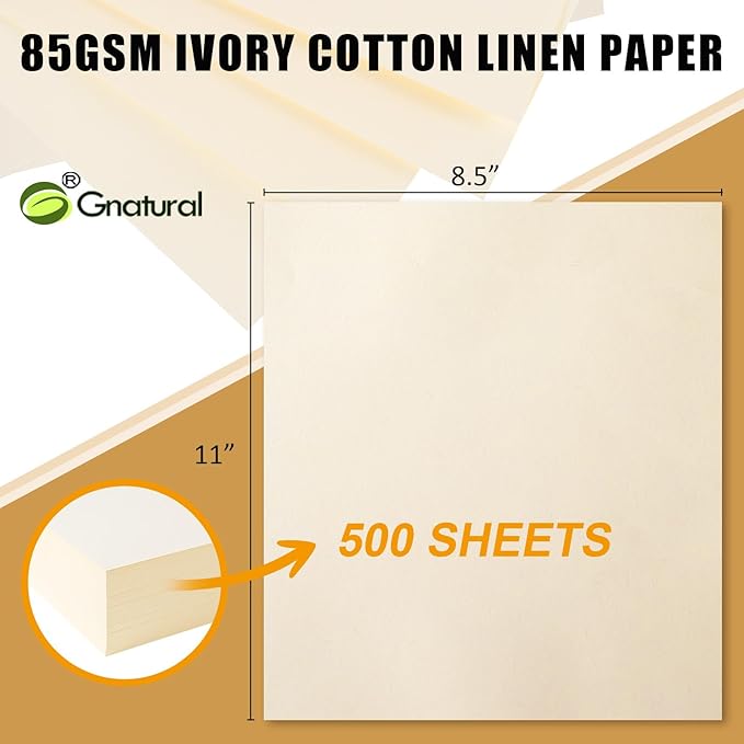 75% Cotton 25% Linen Business Paper, 500 Sheets 8.5"x11" Resume Ivory, 85gsm Won't Get Wet (Low Starch)