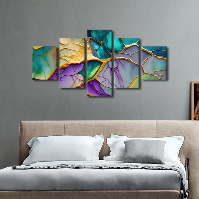 Abstract Canvas Wall Art Decor Modern Living Room Wall Art Abstract Mountains Rivers Streams Picture Printing 5 Panel Home Decor for Native Americans Office Wall Decor Framed Ready to Hang 60x32 in