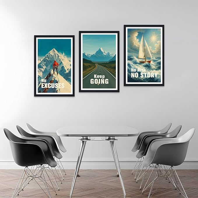 Set of 3 inspirational Wall Art - No Excuses, Keep Going & No Risk No Story Motivational Wall Decor, Mountain, Road, Sailboat with Positive Quotes Poster Framed Canvas Prints for Office Home,16"x24"x3