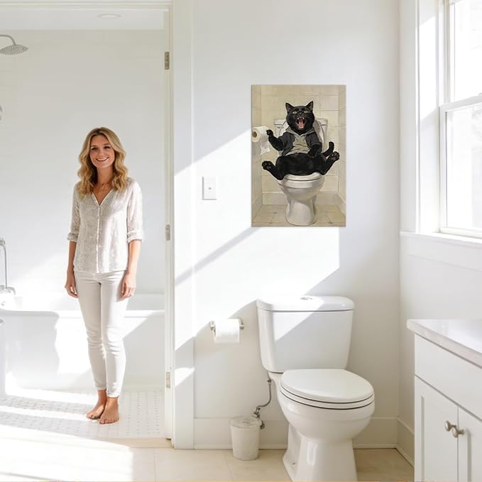 Framed Funny Black Cat Bathroom Decor Modern Bathroom Wall Art, Humor Black Cat Sitting on Toilet Cathching Toilet Paper Roll Wall Decor, Animals Posters Paintings Print Decoration 28x40 Inches