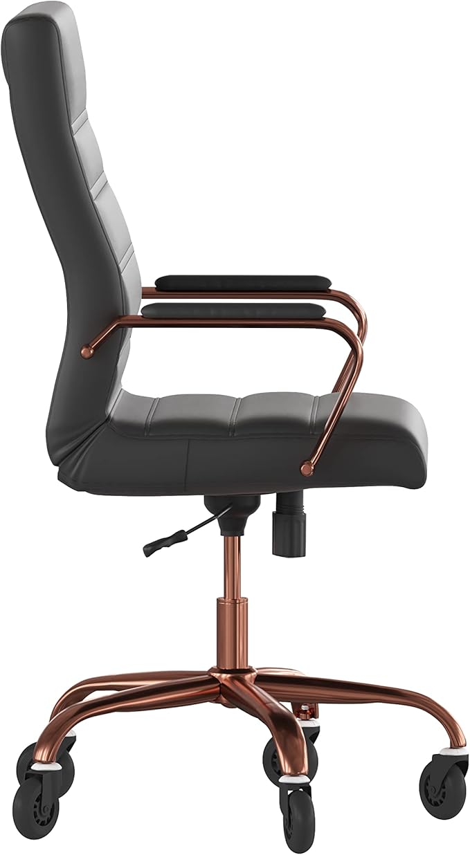 Flash Furniture Whitney High Back Black LeatherSoft Executive Swivel Office Chair with Rose Gold Frame, Arms, and Transparent Roller Wheels