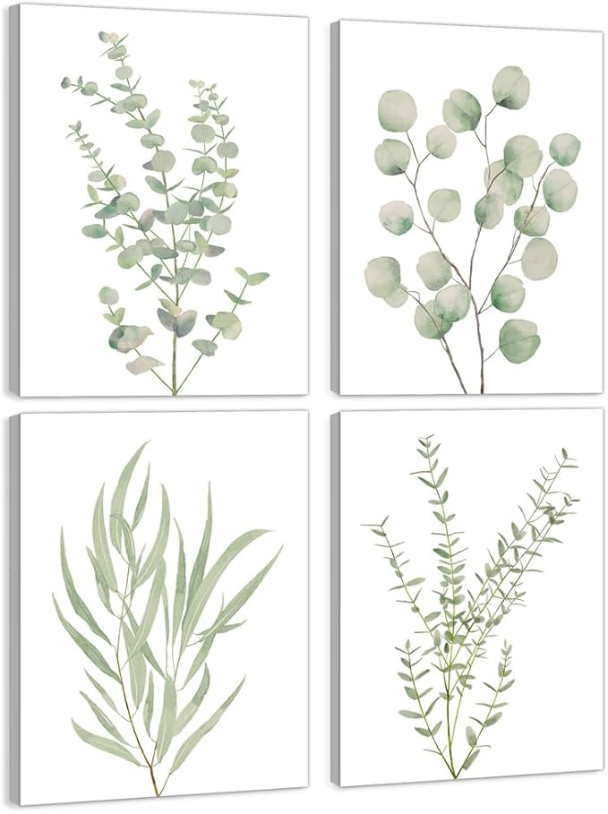 Erctoo Botanical Wall Art for Bathroom, Framed Canvas Office Wall Art 12”x16” Sage Green Plant Wall Decor for Bedroom, Light Green Boho Eucalyptus Leaf Sets of 4PCS