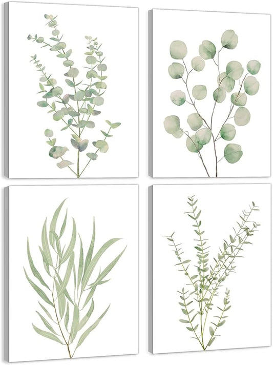 Erctoo Botanical Wall Art for Bathroom, Framed Canvas Office Wall Art 12”x16” Sage Green Plant Wall Decor for Bedroom, Light Green Boho Eucalyptus Leaf Sets of 4PCS