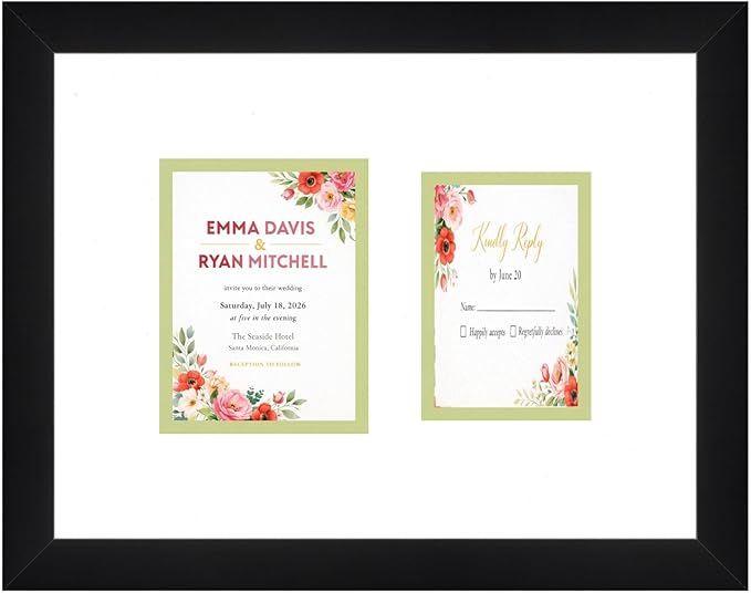 Invitation and RSVP Card Frame Black Double Mat White Over Spring Green Ceremony Keepsake Display Made in the USA