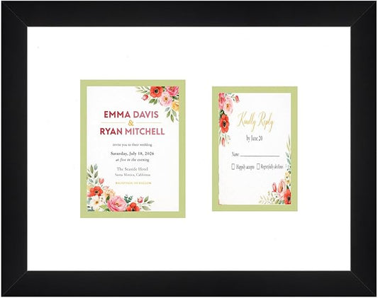 Invitation and RSVP Card Frame Black Double Mat White Over Spring Green Ceremony Keepsake Display Made in the USA
