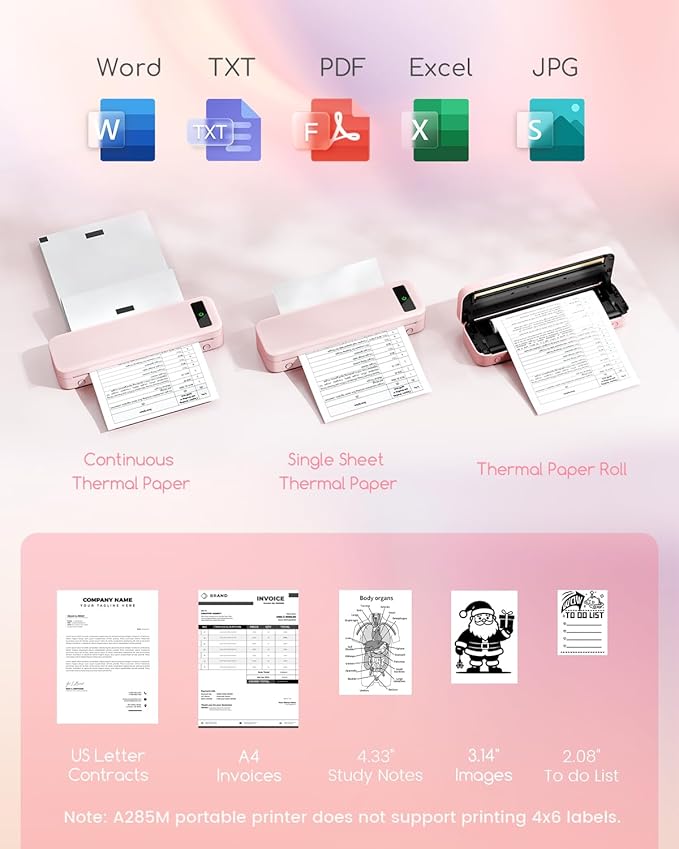 Portable Printers Wireless for Travel, A285M Bluetooth Inkless Thermal Printer Support 8.5" X 11" & A4 Thermal Paper, Small Mobile Printer Compatible with iPhone Android Laptop for Home Receipt, Pink