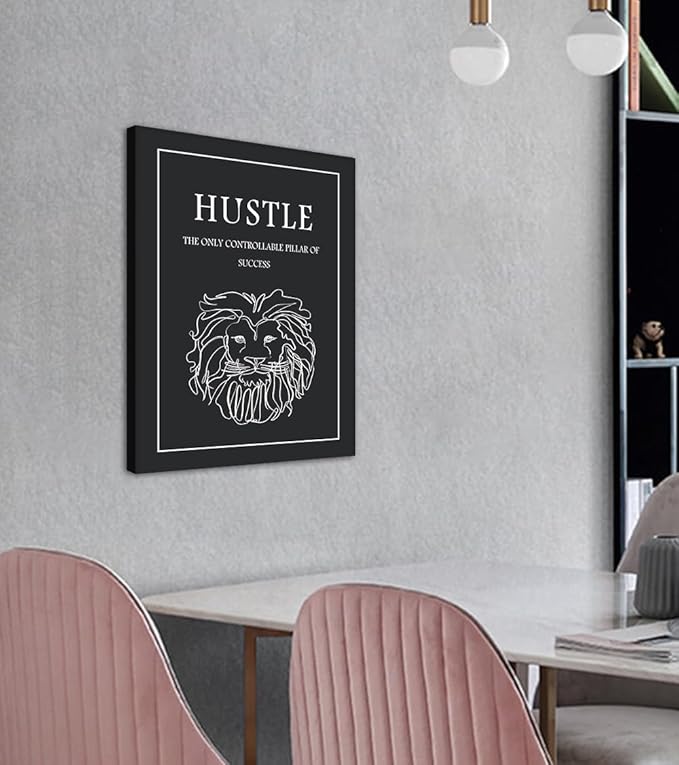 Hustle Canvs Wall Art - Motivational Quotes Print with Lion Line Drawing, Inspirational Wall Decor Black and White Success Poster Positive Inspiring Artwork for Home Office Gym, Framed 18x24 in