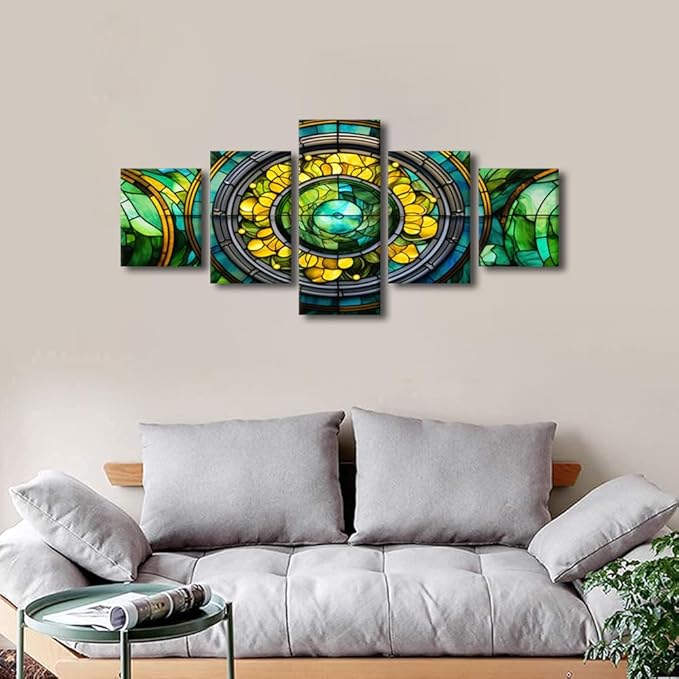 Canvas Wall Art Modern Stained Glass Painting Artwork Prints Green Yellow Brown Blue Colors Poster 5 Panel Canvas Art Decor for Men Lady Living Room Decor Stretched and Framed Ready to Hang 50x24 in