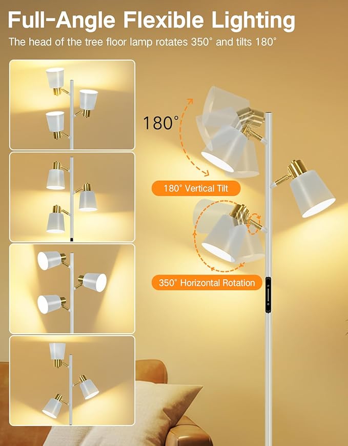 OUTON Tree Floor Lamp, LED Dimmable Floor Lamp with Remote and Touch Slide Control, 4 Color Temperatures, 3 Rotatable Lights, Modern Standing Lamp for Living Room Bedroom Office, Grey & Gold