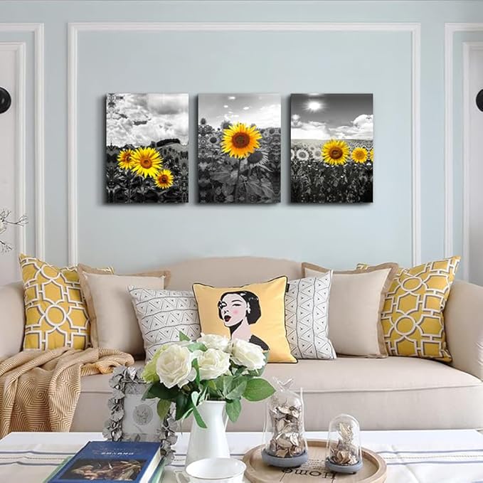 Lapremoly Black And White Sunflower Flowers Painting Large Canvas Wall Art For Living Room Wall Decoration For Bedroom Framed Wall Decor For Kitchen Bathroom Modern Artwork Home Decor Wall Pictures
