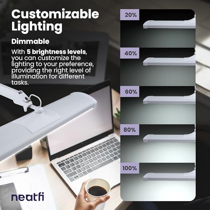 Neatfi Ultra 3,500 Lumens LED Desk Lamp – 45W, 26” Wide Metal Shade, 270 SMD LEDs, Shadow-Free | Adjustable Brightness | Non-Flickering Task Light for Nail, Craft & Office (Non-CCT with Base, White)
