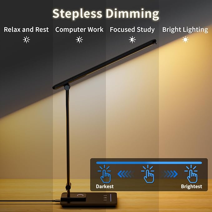 ELECTRI LED Desk Lamp, Touch Desk Light with USB Port, 5 Color & Stepless Dimming, 360° Rotatable ＆ Foldable, Reading Lamp for Table Study Work Office Nail Craft Puzzle(with Adapter) (Black)