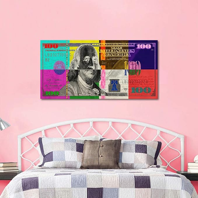 Yatsen Bridge Vivid Colorful 100 USD Artwork Abstract Creative Benjamin Franklin 100 Dollar Bill Color Blocks Canvas Paintings Wall Art HD Print Modern Home Office Decor Gallery Wrapped Easy to Hang