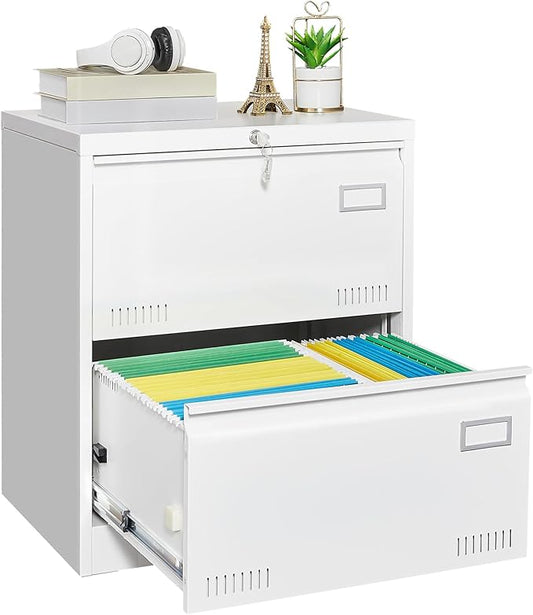GREATMEET 2 Drawer Lateral File Cabinet,Lateral Filing Cabinet with Lock,Metal Lateral File Cabinet for Letter/Legal/F4/A4 Size with Hanging Bars,White