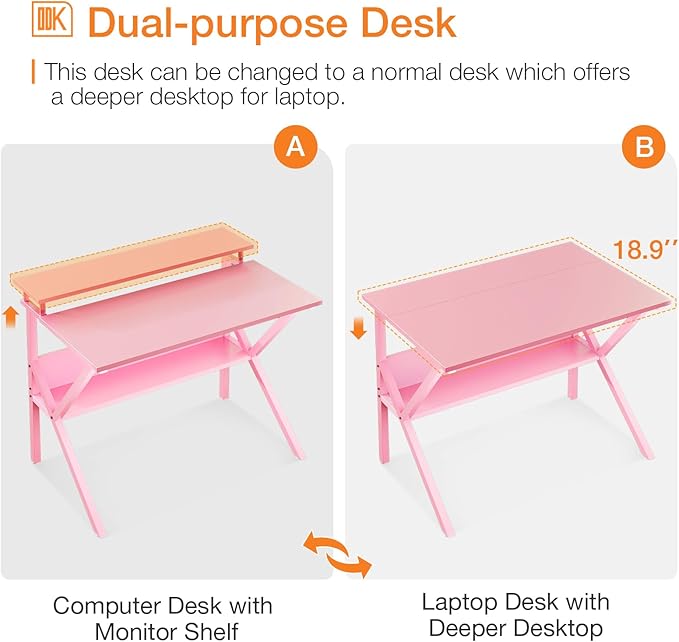 ODK Small Desk, 27.5 Inch Computer Desk for Small Spaces, Kids Desk with Storage, Study Table with Monitor Stand for Homeschool, Pink
