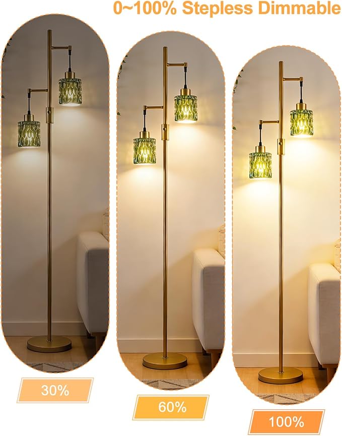 Lightdot 65IN Industrial Gold Floor Lamp for Living Room, 2- Light Green Glass Floor Lamps with 3000K Warm White Bulbs, Modern Farmhouse Tree Standing Tall Lamp for Bedroom Office Home Decor