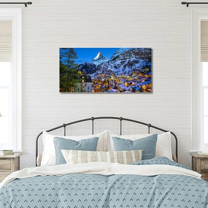 Aerial View Zermatt Valley and Matterhorn Peak at Dawn Canvas Wall Art Large Framed Prints Pictures Wall Decor Posters Painting Artwork for Living Room Bedroom Kitchen Bathroom 24x47