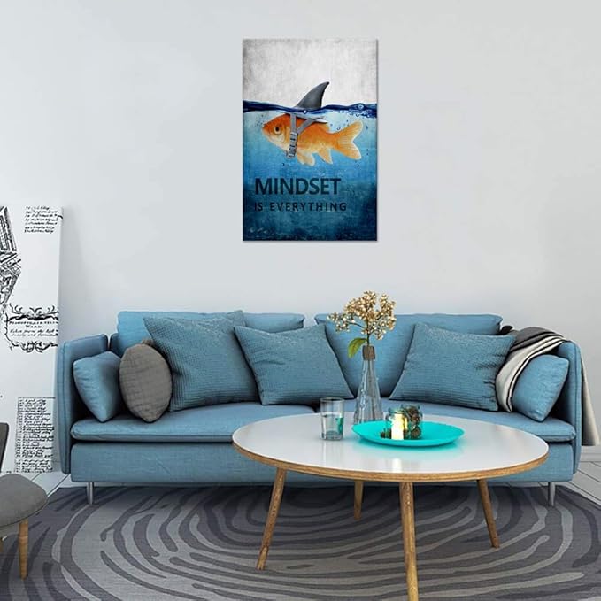 Inspirational Wall Art Posters Mindset is Everything Canvas Painting Goldfish Shark Pictures Print Poster Artwork Wooden Home Decor for Living Room Bedroom Office Framed Ready to Hang (24"Wx36"H)