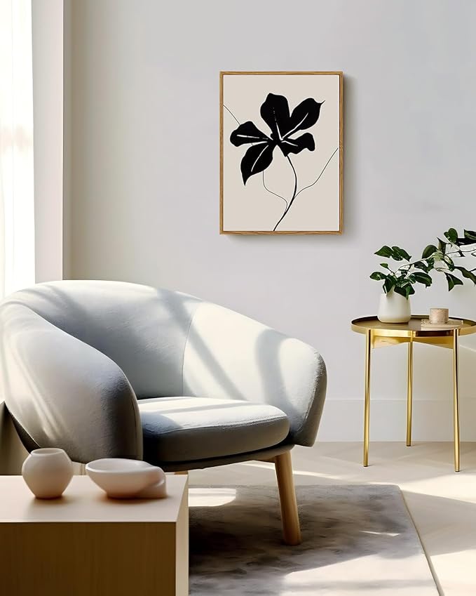 ARPEOTCY Vintage Framed Canvas Wall Art, Black Abstract Minimalist Flower Art Prints Home Decor Aesthetic, Rustic Mid Century Oil Paintings for Bedroom Bathroom Decor,12x16inch