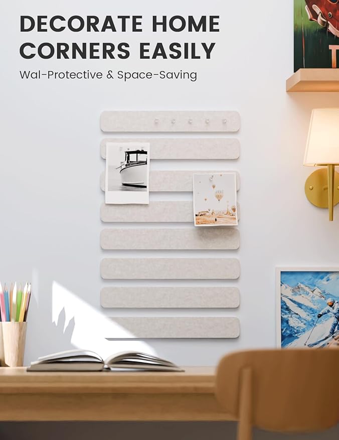 Fluxynara Cork Board Alternative Felt Strip Board 8-Pack 13"x2", Office Pin Board with 50 Push Pins, Adhesive Install for Bedroom Door & Home Office(Oatmeal)