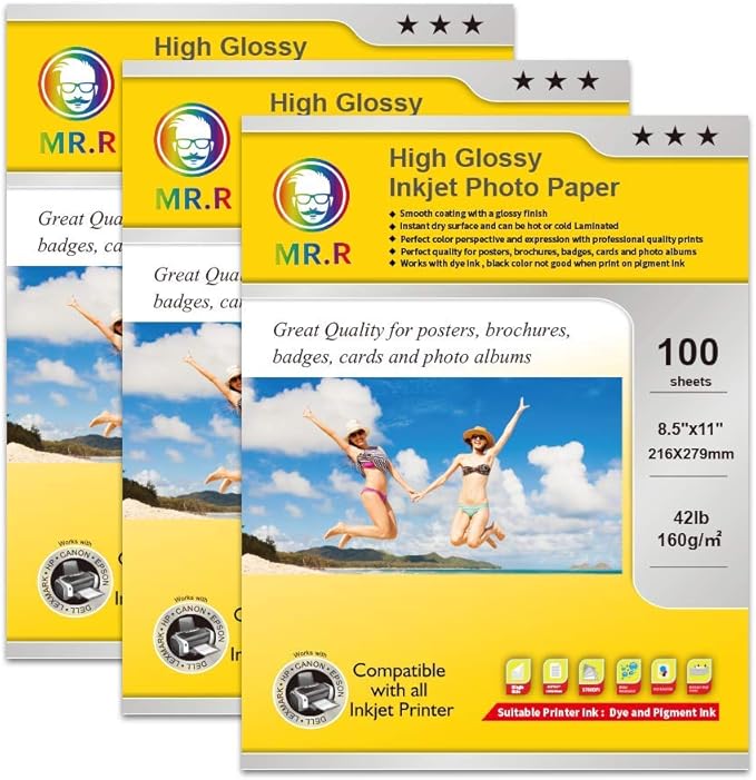 MR.R High Glossy Inkjet Photo Paper,letter size 8.5"x11" ,Letter Size with 100 Sheets per pack, 42lb -160gsm